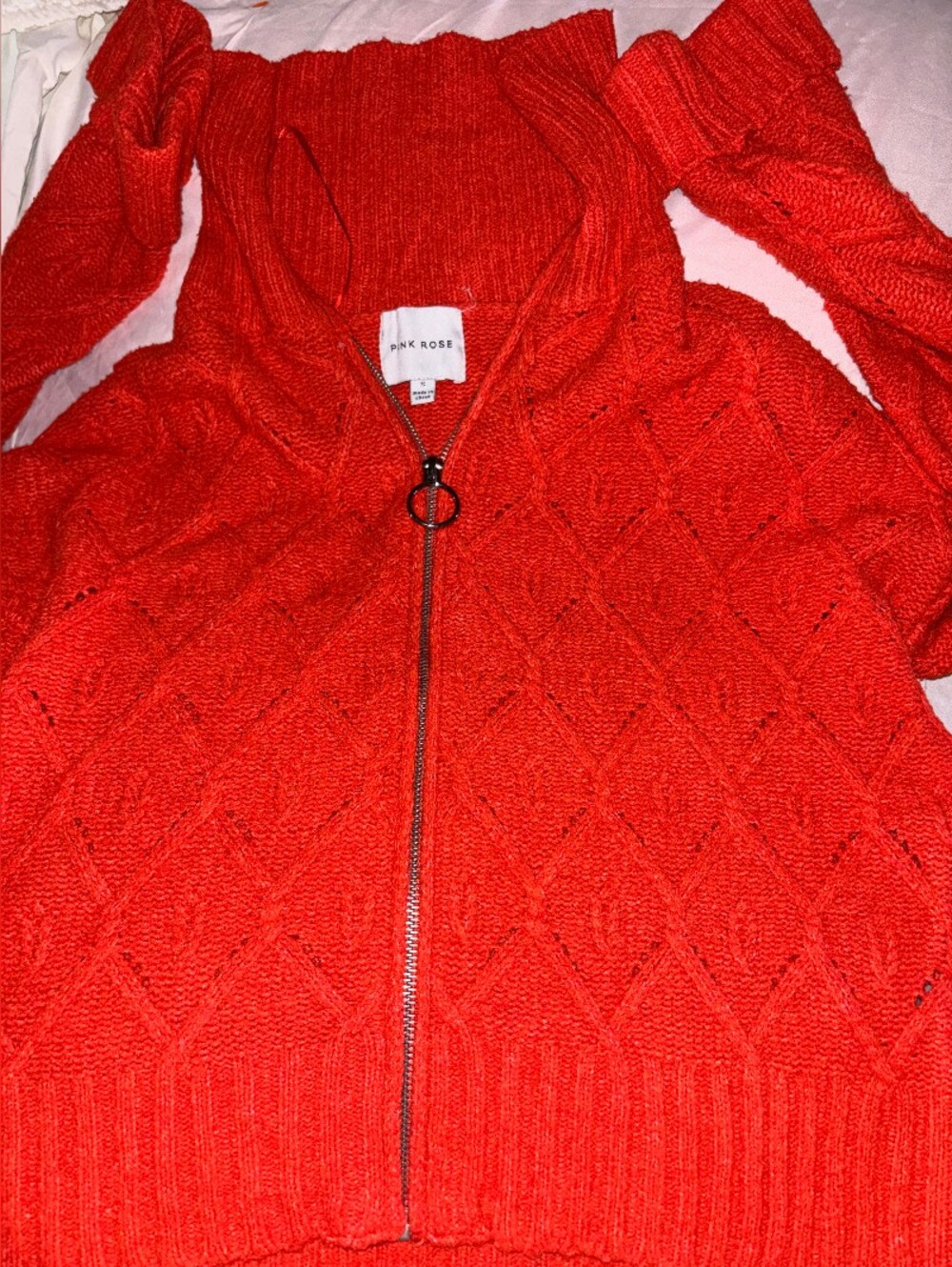 Bright Red Zip-Up Diamond Knit Cardigan